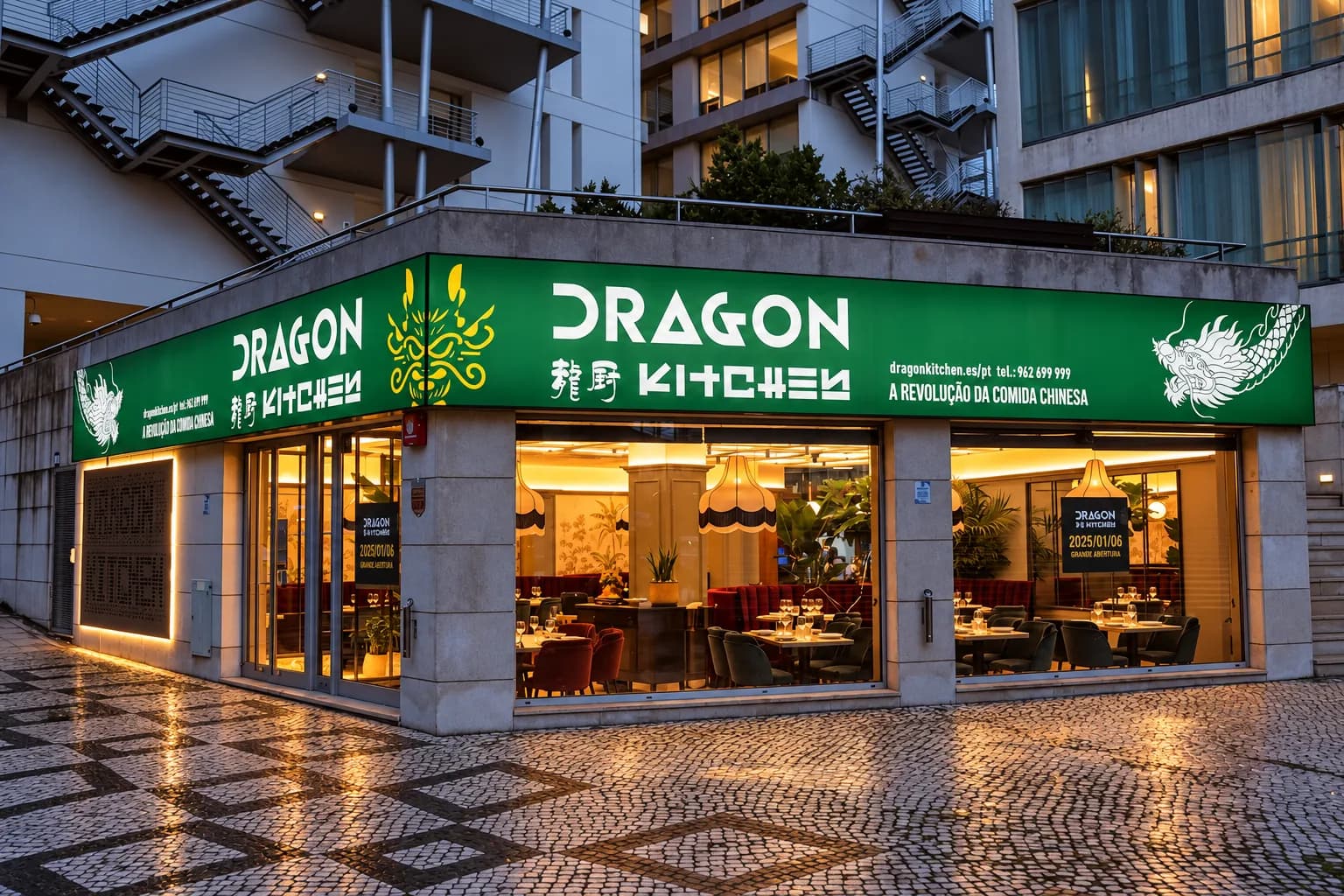 Exterior iluminado da Dragon Kitchen Portugal em Parque das Nações